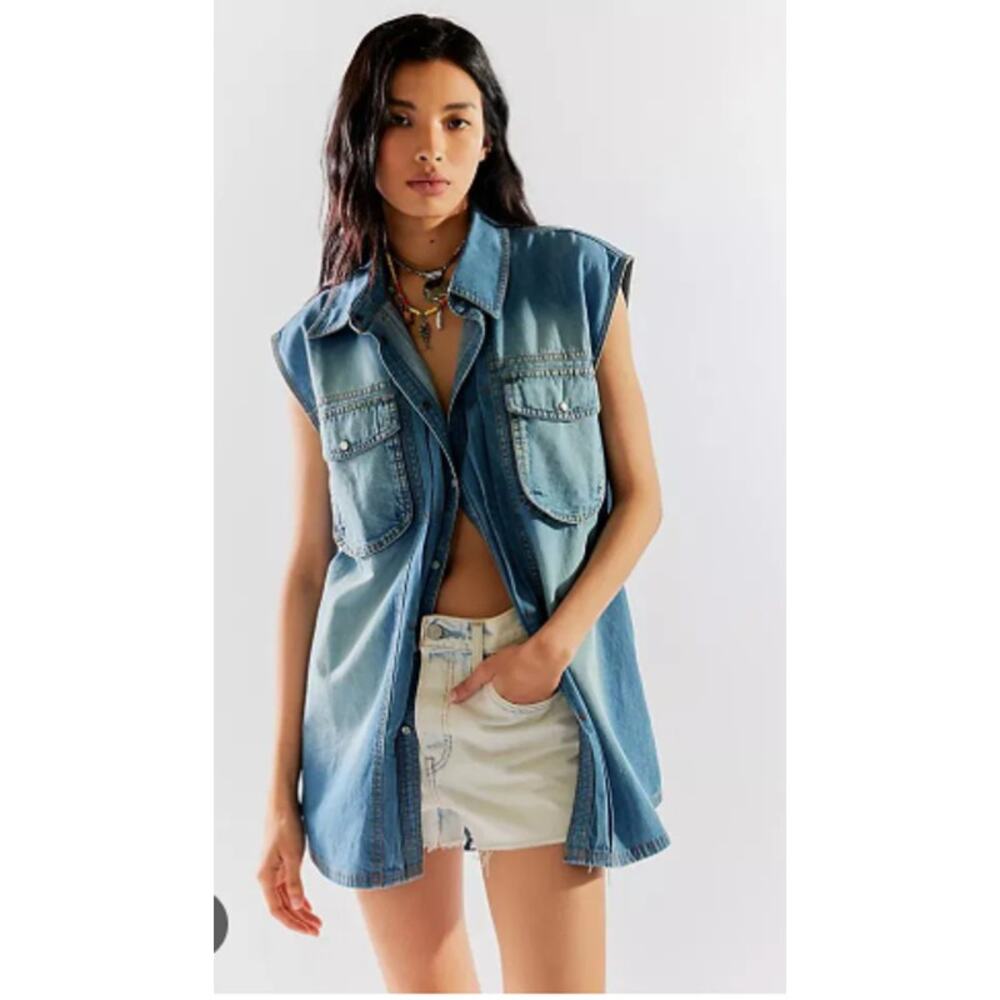 Free People We The Free Wild Dreams Blue Distressed Snap Up Boho Denim Shirt